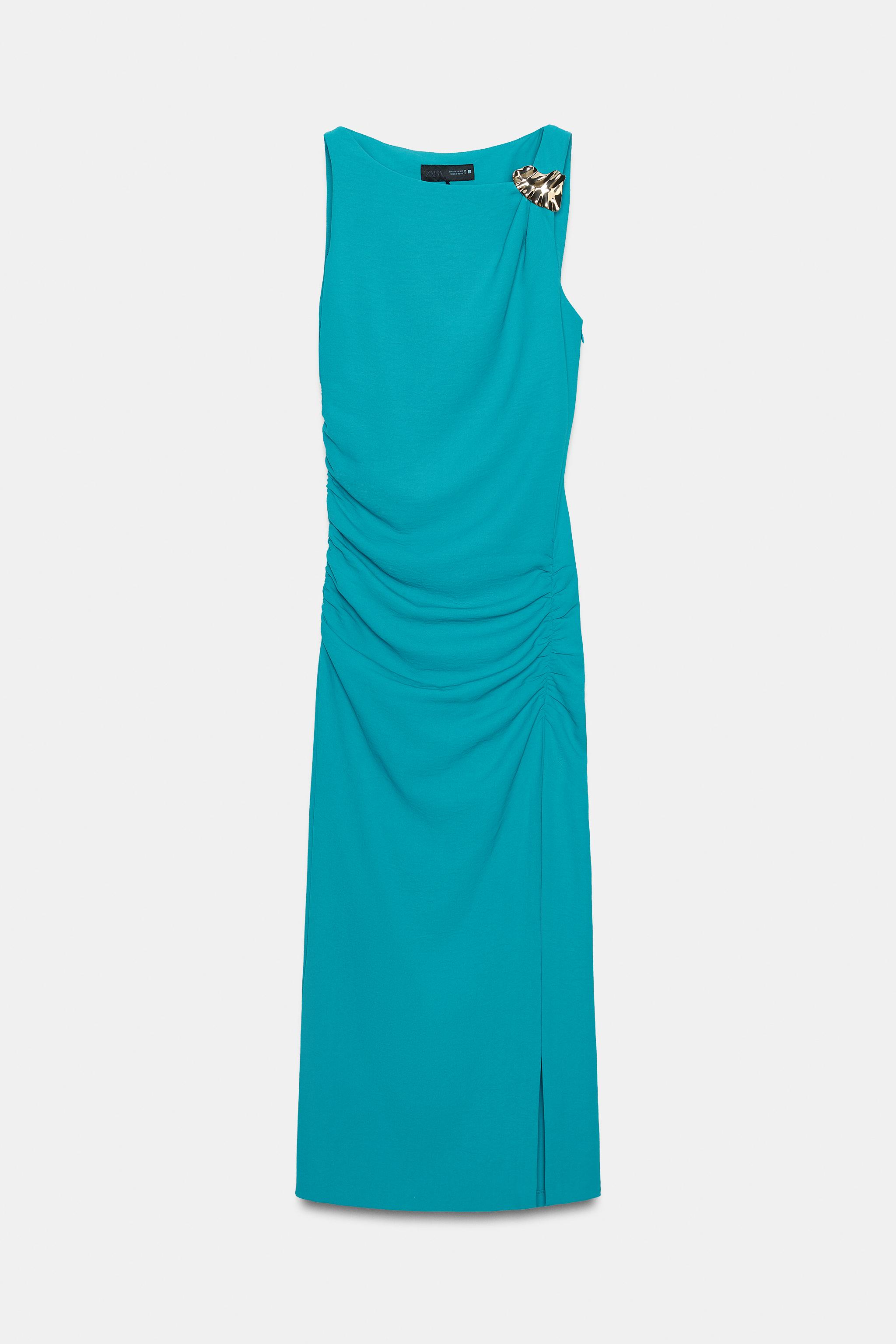 GOLD APPLIQUE DRAPED MIDI DRESS